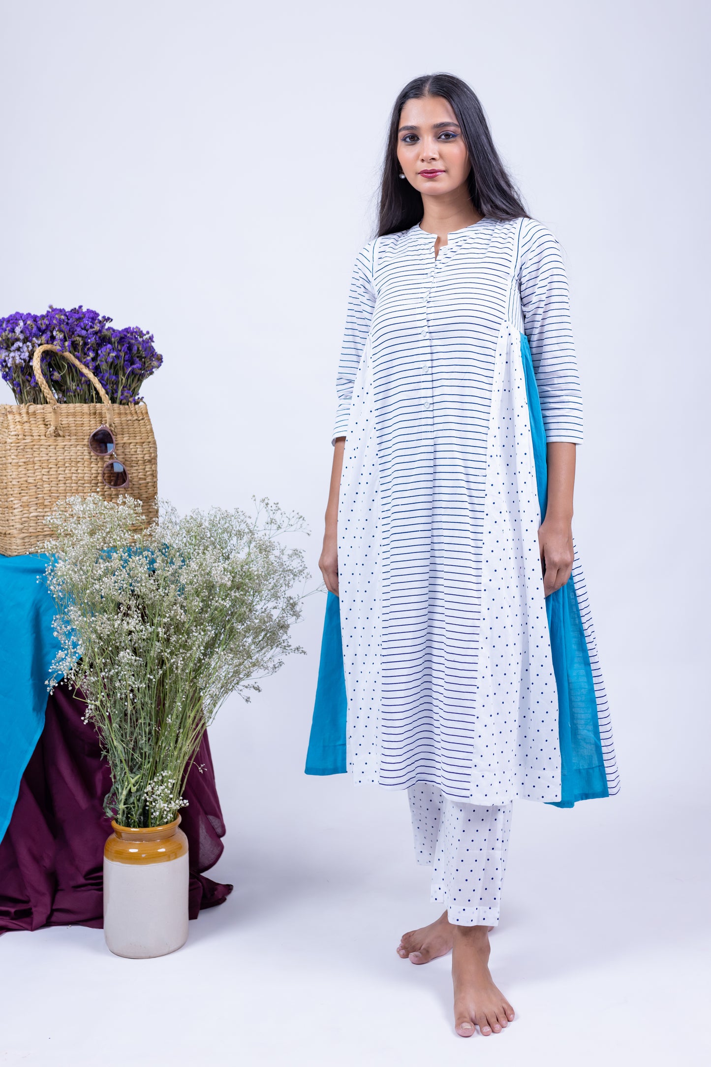 Chic Striped & Polka Dot Kurta Set In White and Blue Color