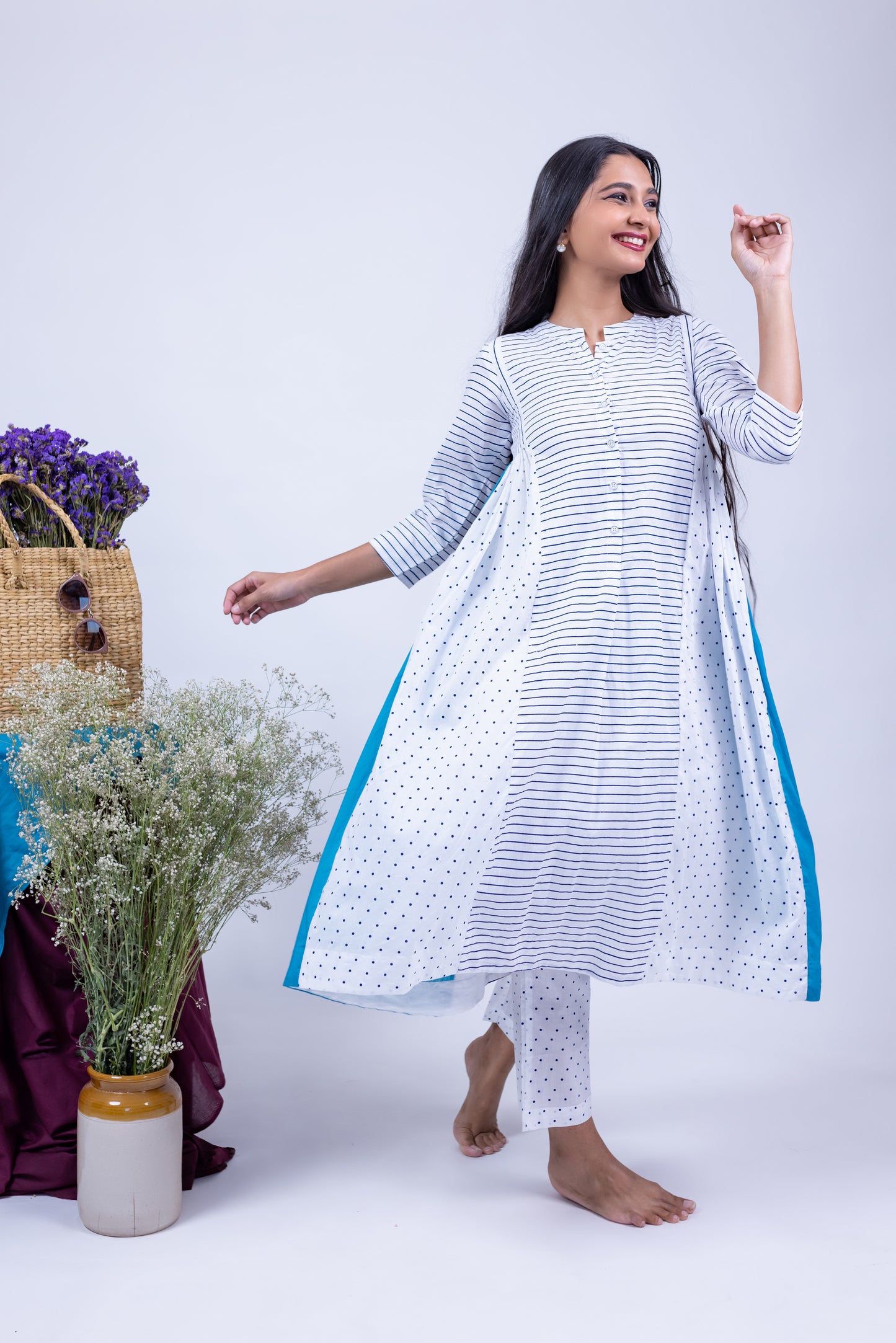 Chic Striped & Polka Dot Kurta Set In White and Blue Color