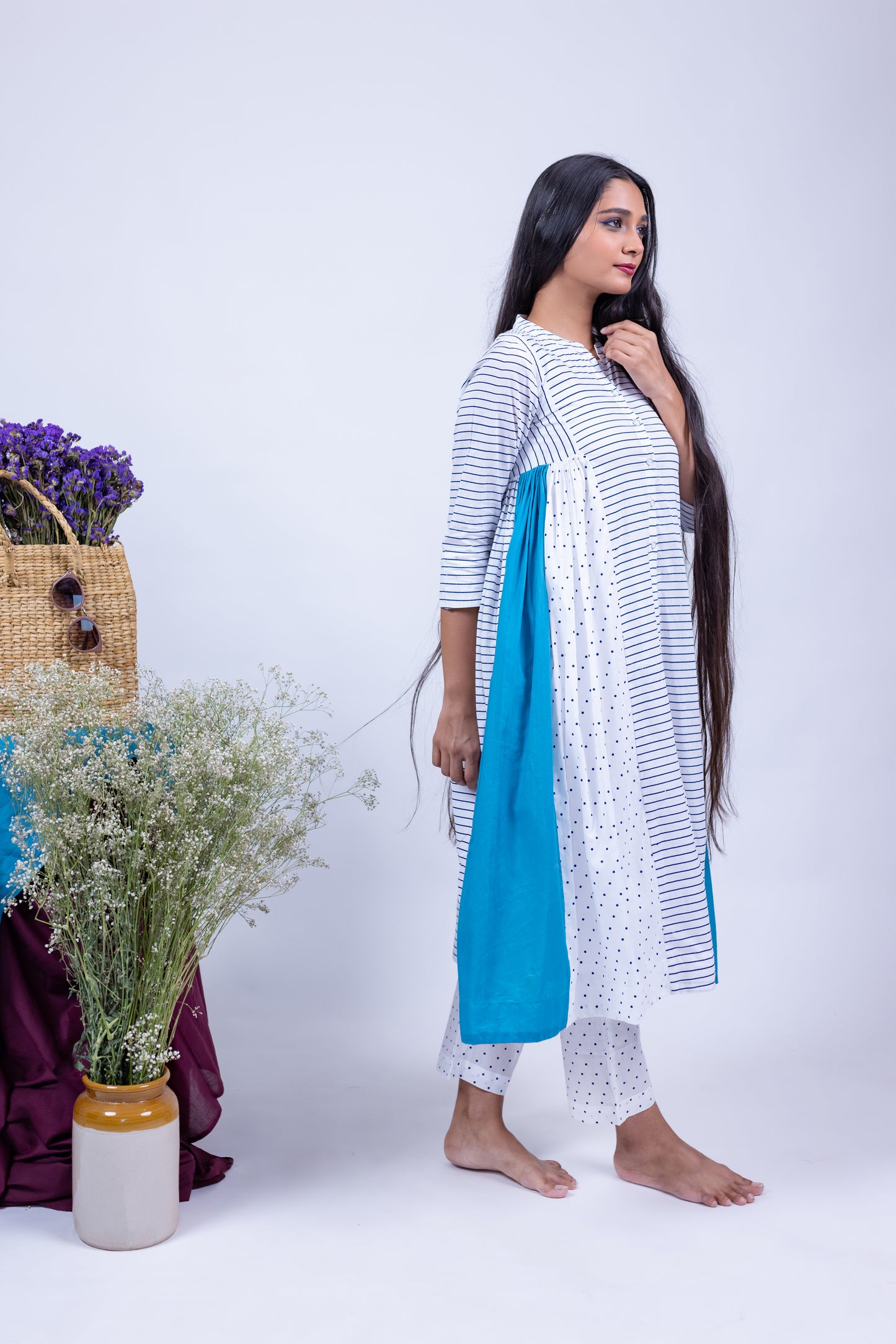 Chic Striped & Polka Dot Kurta Set In White and Blue Color