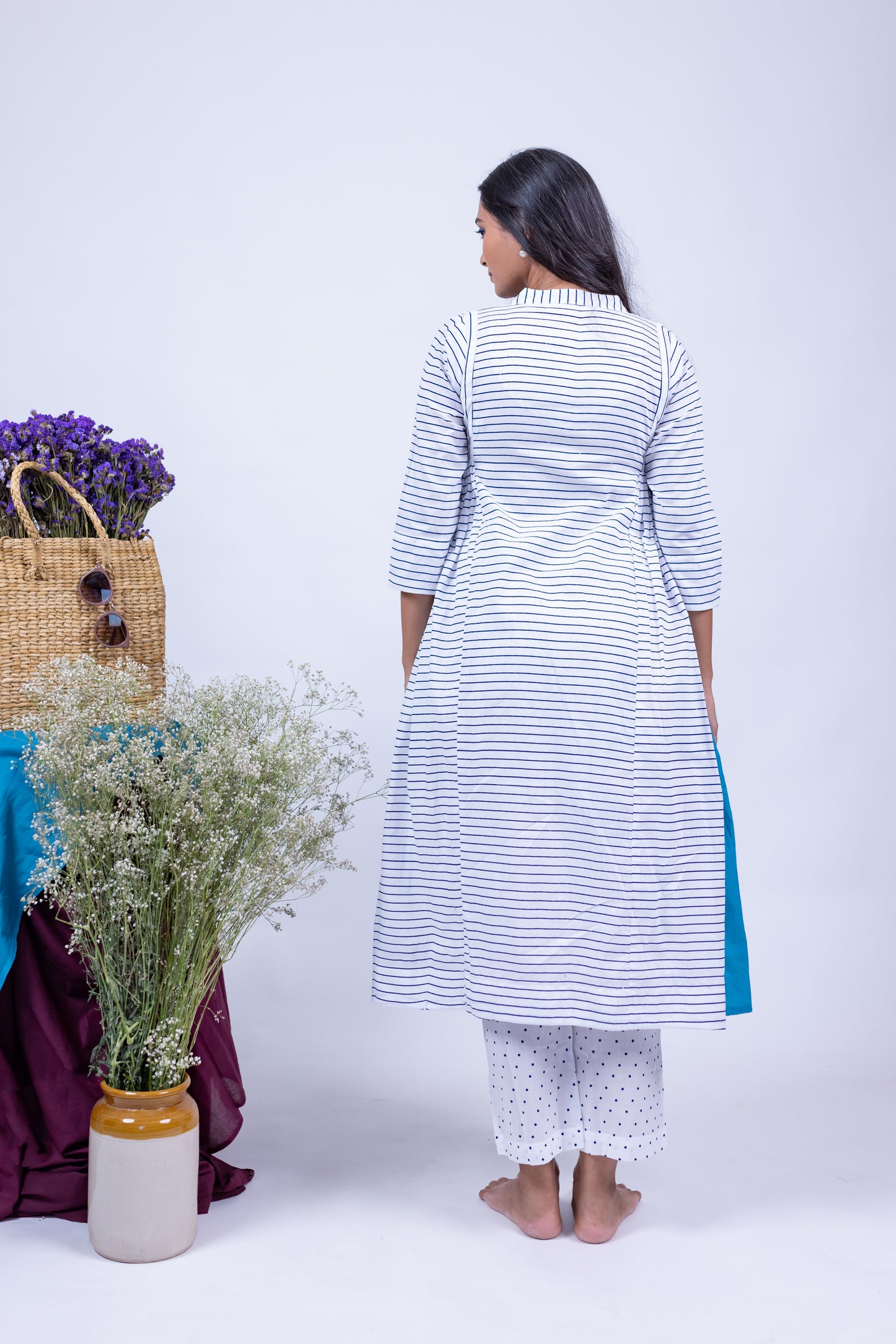 Chic Striped & Polka Dot Kurta Set In White and Blue Color