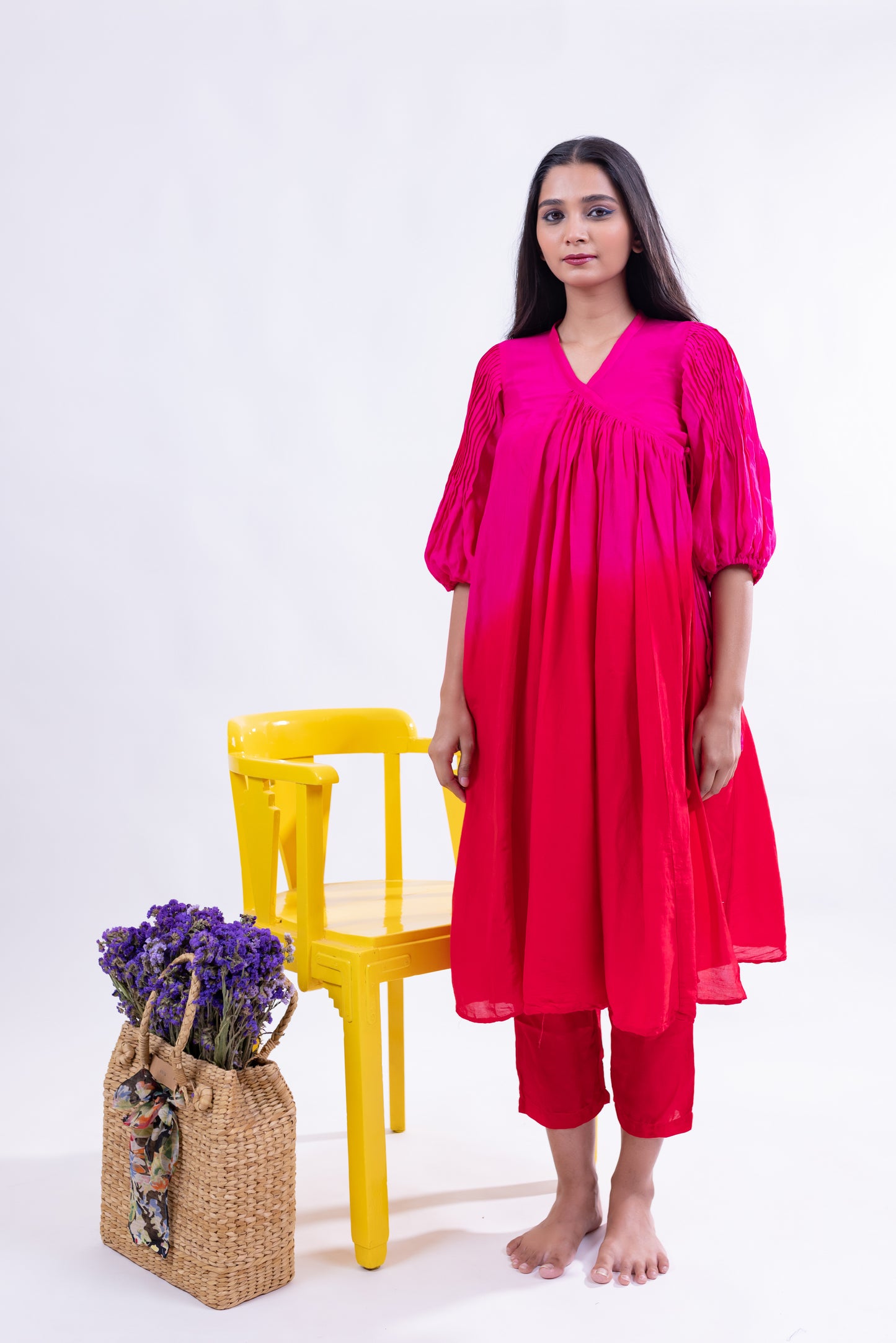 Vibrant Pleated Kurta Set - Fuchsia Pink