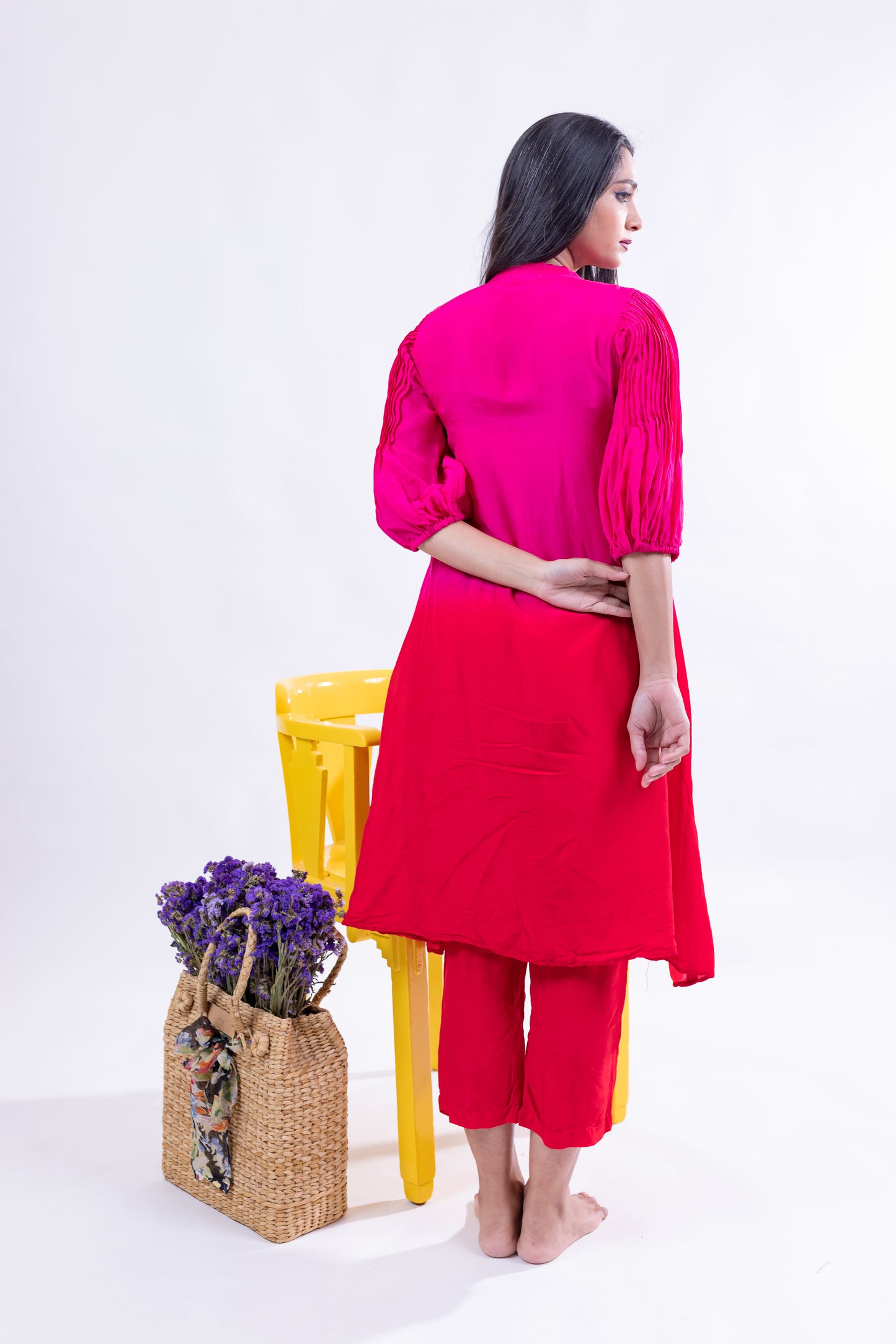 Vibrant Pleated Kurta Set - Fuchsia Pink
