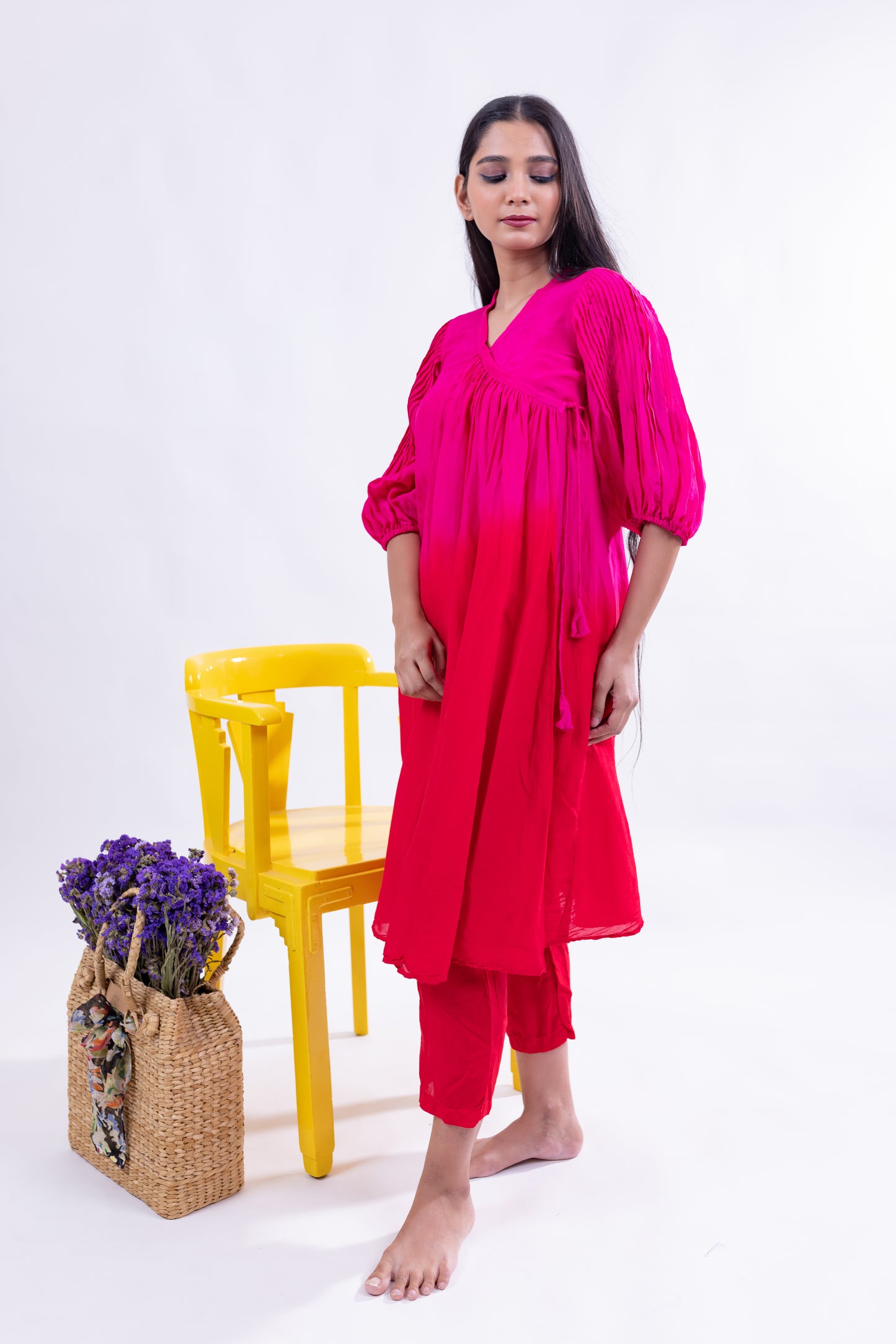 Vibrant Pleated Kurta Set - Fuchsia Pink