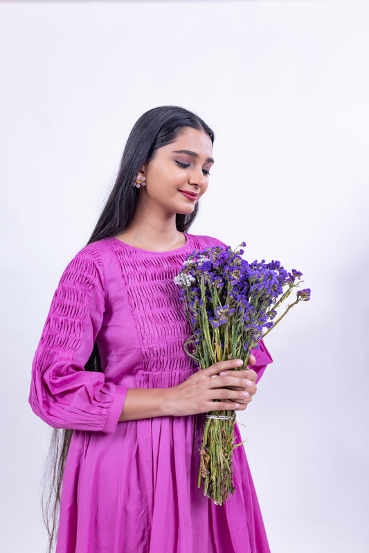 Smocked Cotton Pleated Kurta – Magenta Pink