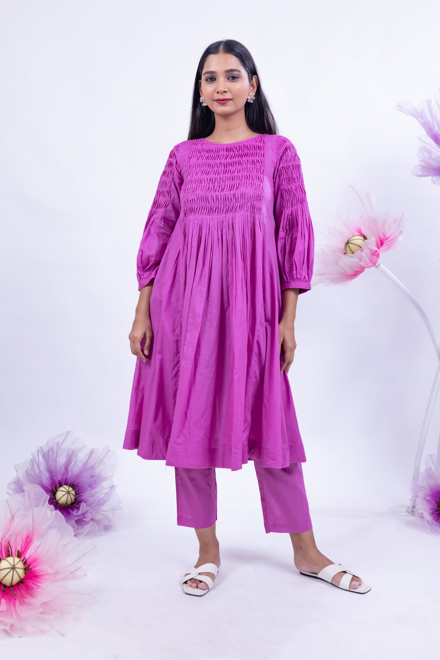 Smocked Cotton Pleated Kurta – Magenta Pink