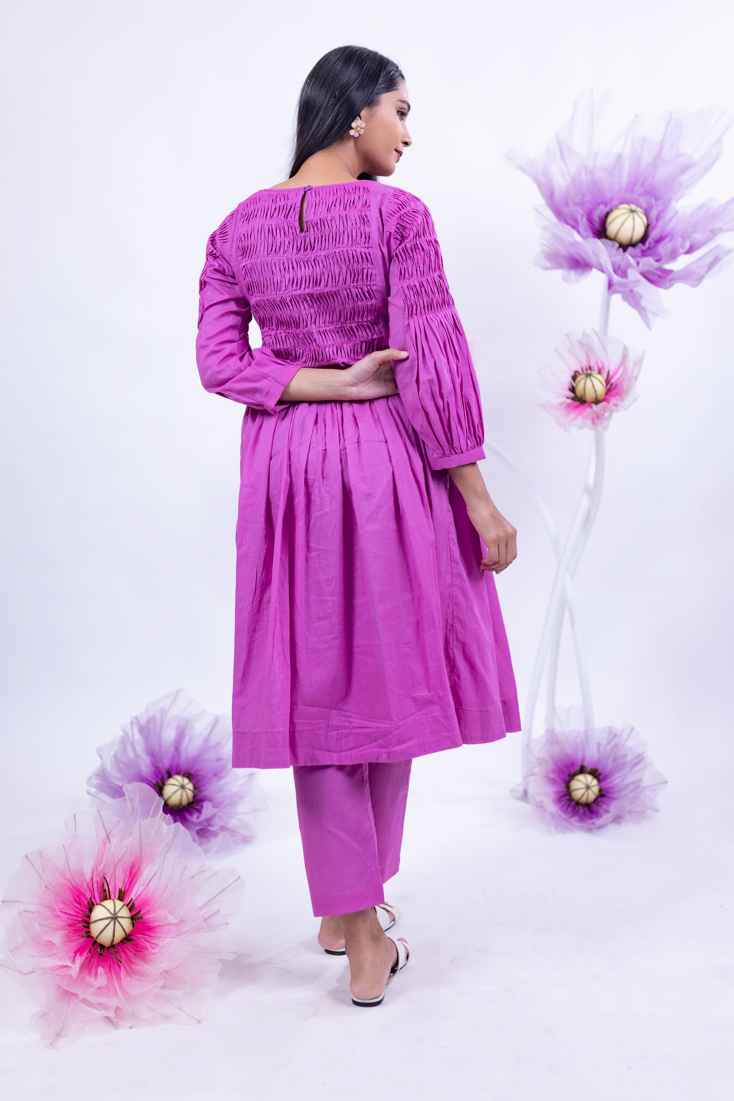 Smocked Cotton Pleated Kurta – Magenta Pink