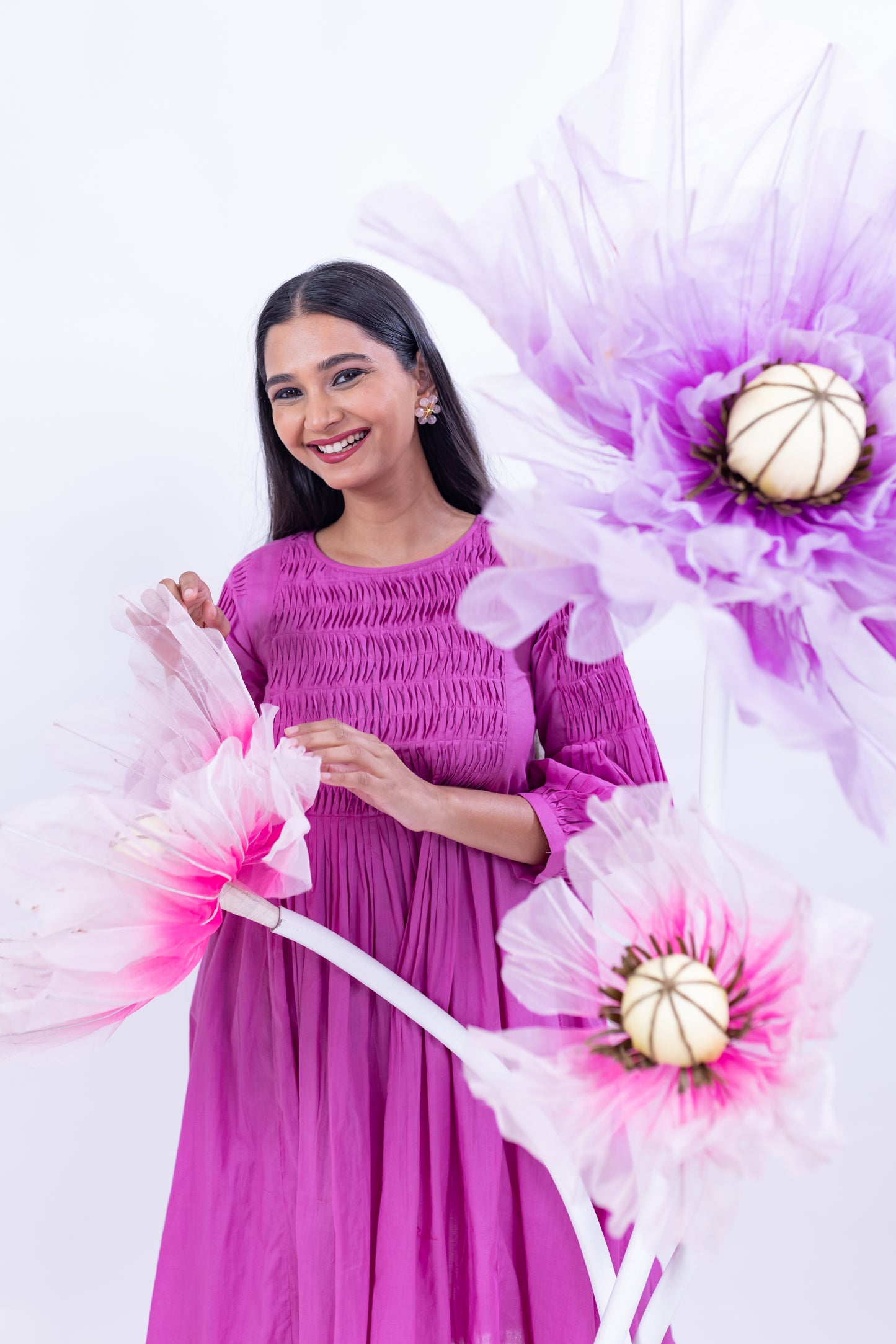Smocked Cotton Pleated Kurta – Magenta Pink