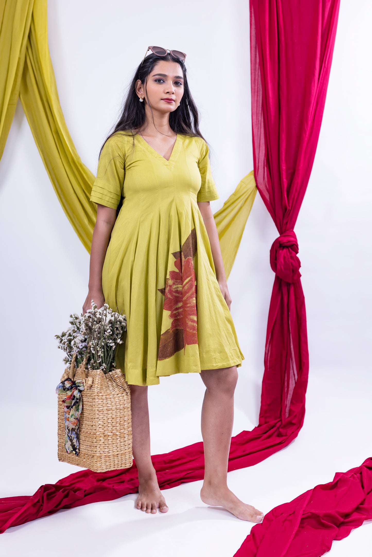 Elegant Pleated Cotton Dress – Mustard Green