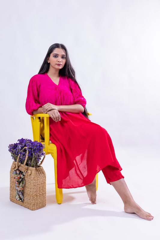 Vibrant Pleated Kurta Set - Fuchsia Pink