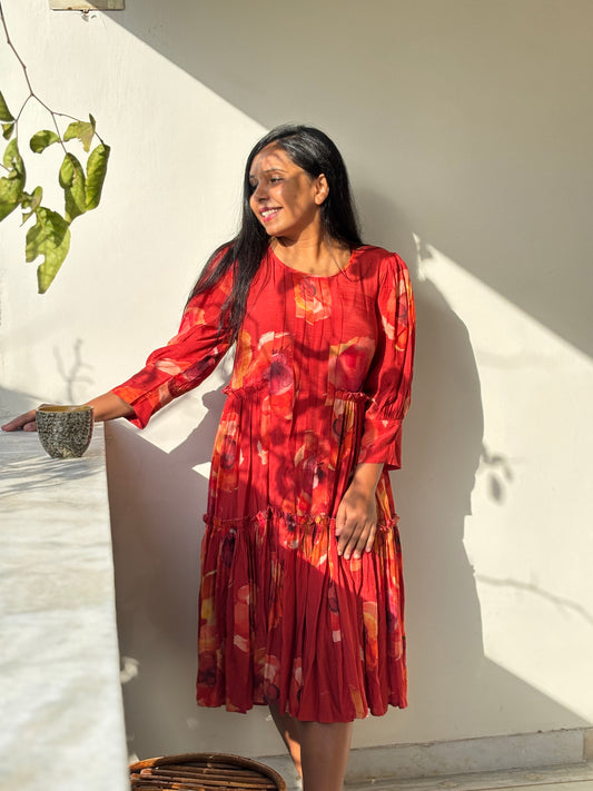 Radiant in Red: Hand-Block Pleated Cotton Dress