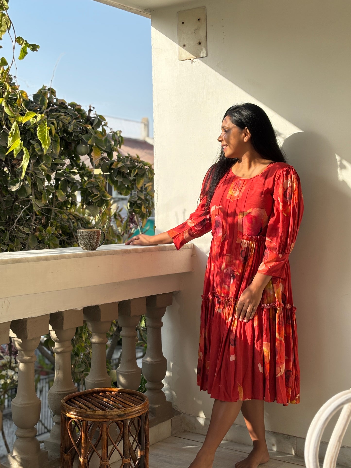 Radiant in Red: Hand-Block Pleated Cotton Dress