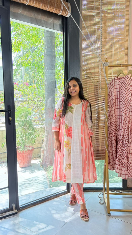 Pink Floral Panel Kurta Set