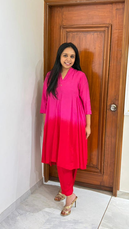 Vibrant Pleated Kurta Set - Fuchsia Pink