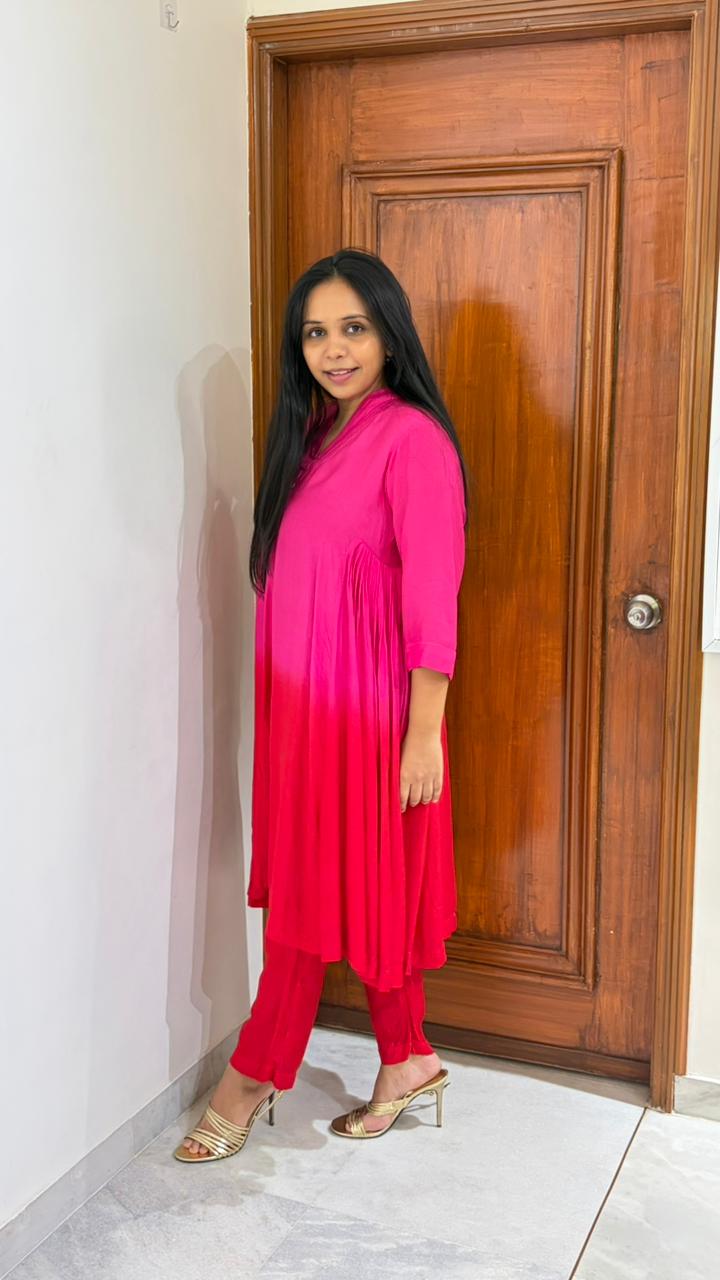 Vibrant Pleated Kurta Set - Fuchsia Pink