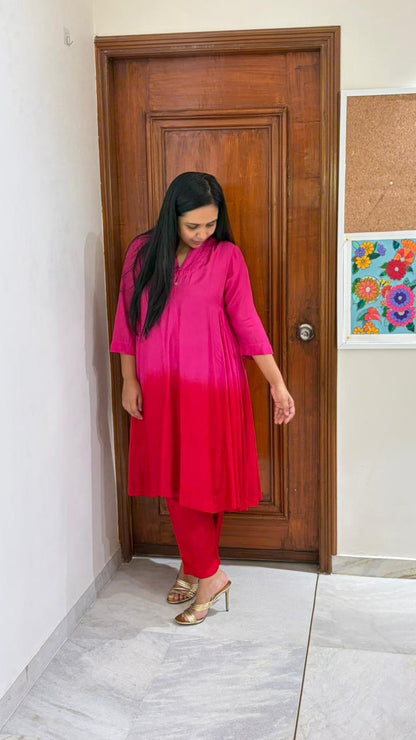 Vibrant Pleated Kurta Set - Fuchsia Pink